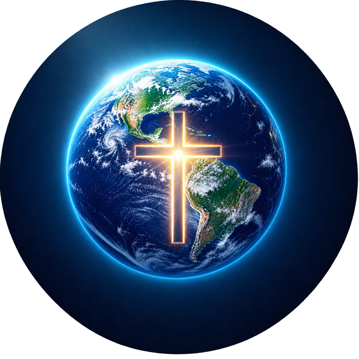 Earth with a glowing Christian cross