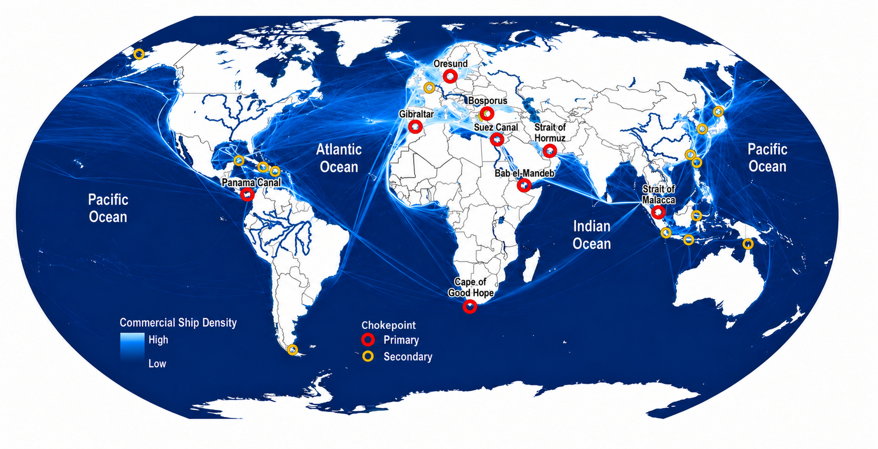 World map showing maritime shipping routes and chokepoints