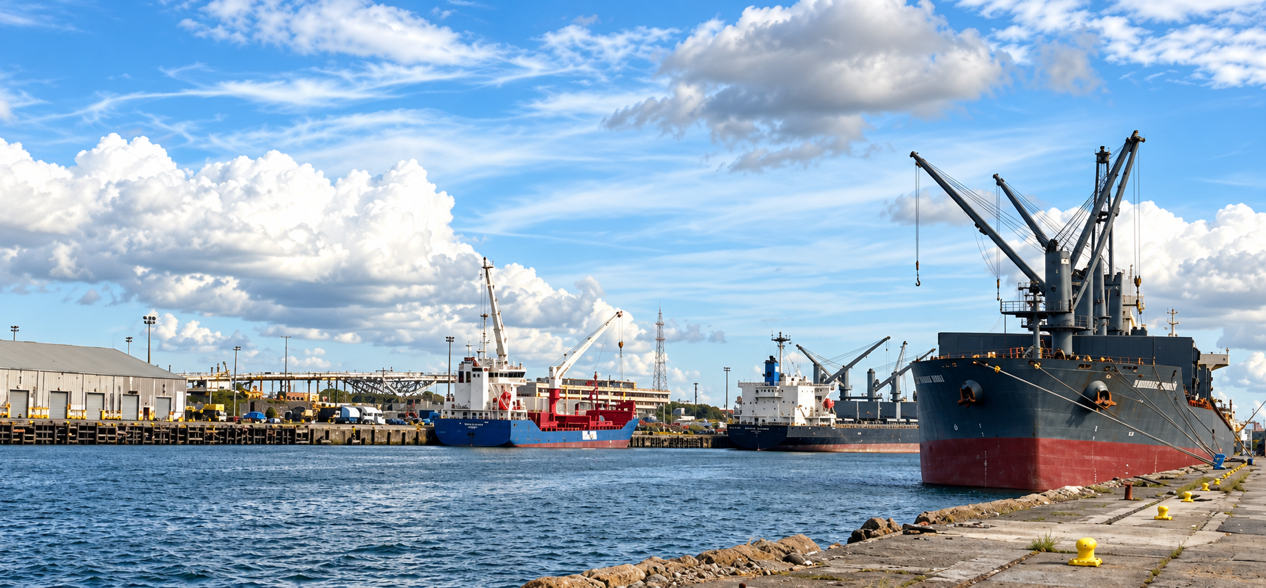 Cargo ships and cranes along the Houston ship channel
